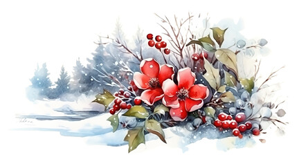 Watercolor spring bouquet of red and white roses, berries and leaves. Generative ai