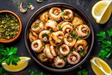 stock photo of Calamari ripieni is a flavorful Italian Food Photography AI Generated - obrazy, fototapety, plakaty