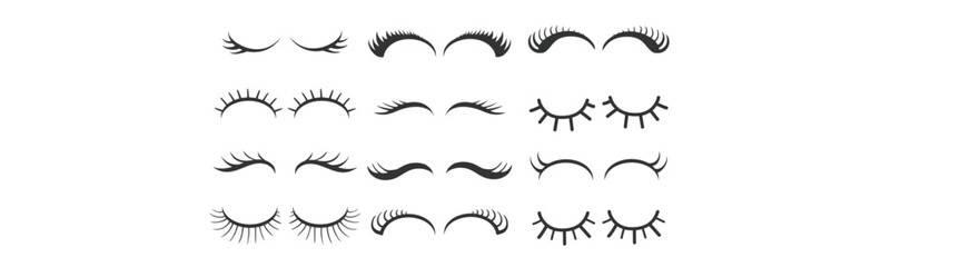 Cartoon eyelashes. Cute close eye with lash, girl face with mascara lashes, woman makeup, sleeping beauty