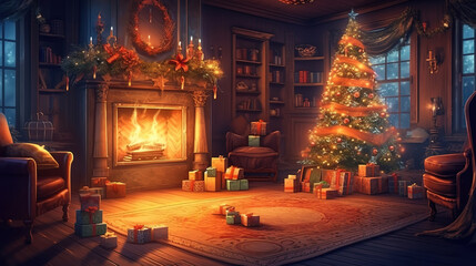 Stylish interior of living room with beautiful Christmas tree and fireplace. Generative ai