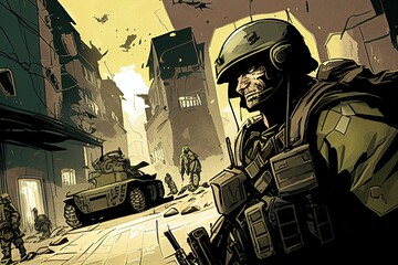 Soldier At War Modern Futuristic Era With Dramatic Explosions and Wartime Background Scene Showing the Horrors of Battle Clouds Bombs Shells in a Cartoon Stylised Illustration