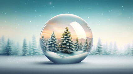 Fototapeta na wymiar Christmas glass ball with tree in it on winter background. Generative ai