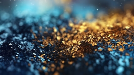 Background of abstract glitter lights, blue, gold and black. Generative ai