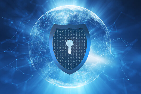 3d shield on glowing sphere illustration background. Cyber security concept Shield with keyhole icon.