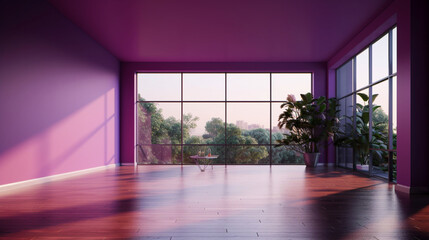 Interior empty purple room with panorama windows. Copy space. Modern design stylish apartment.  Generative AI