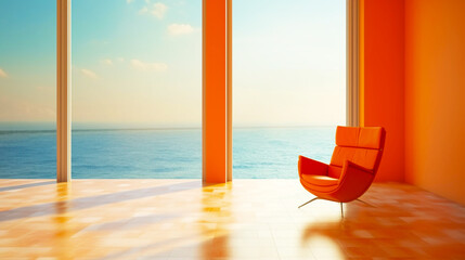  Luxury interior room with orange armchair and windows. Balcony with view on ocean. Generative AI