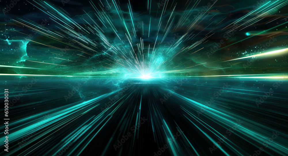 Poster Futuristic abstract background with green light rays and speed lines in space