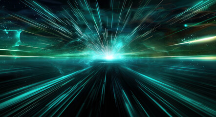 Fototapeta premium Futuristic abstract background with green light rays and speed lines in space