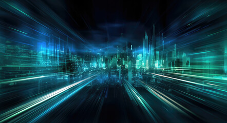 Fototapeta na wymiar Futuristic city with glowing lights and high speed motion blur.