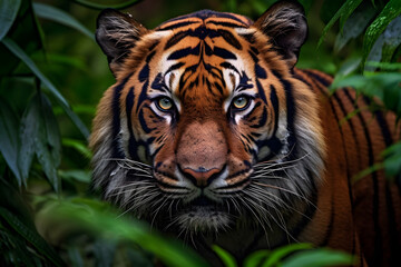 Obraz premium Sumatran tiger in forest, portrait, Generative AI