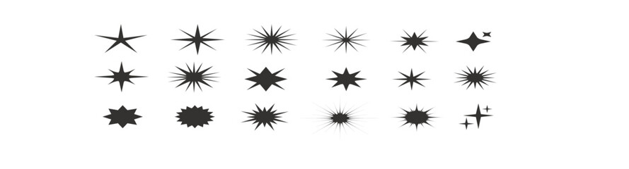 Star icons. Sparkle shape, twinkle light symbol. Glitter shine element, starburst magic signs. Christmas stars firework vector isolated set