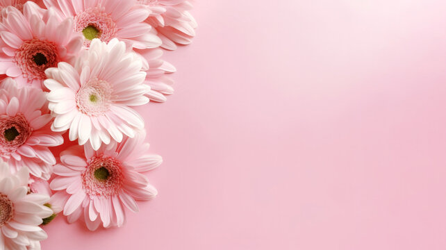 Beautiful pink gerbera flowers on pink background, top view