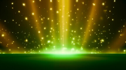 Fototapeta na wymiar Empty green and gold stage or podium for product presentation, gold yellow background with shiny glow beams lights. Banner with copy space. Generative AI