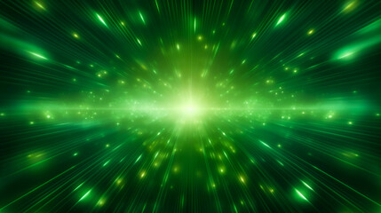 Empty green postcard. Background with shiny glow beams lights. Banner with copy space. Generative AI