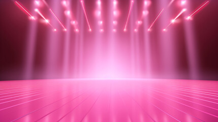 Fototapeta na wymiar Empty pink stage or podium for product presentation, gold yellow background with shiny glow beams lights. Banner with copy space. Generative AI