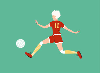 Fototapeta na wymiar Female soccer player playing ball on green background. Young woman in sport clothes training running football field. Womens soccer team girl hits ball. Women athlete game exercise vector illustration