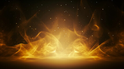 Empty postcard, black and gold backdrop with gold smoke wavy lines. Banner with copy space. Generative AI