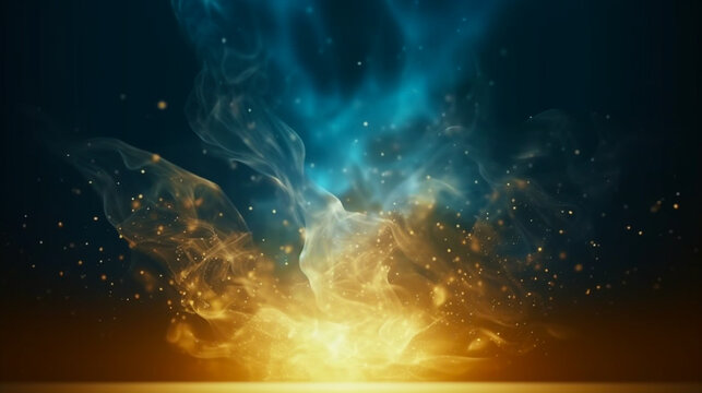 Empty  postcard, blue backdrop with gold smoke wavy lines. Banner with copy space. Generative AI