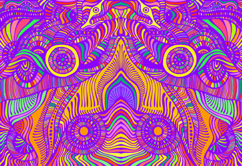 Psychedelic symmetrical motley hippie trippy abstract pattern with many intricate wavy ornaments, bright neon multicolor color texture