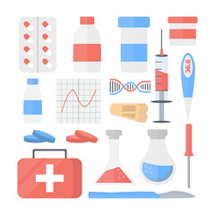 medicine, pharmacy, doctors kit, set of isolated objects. first aid kit, jars, syringe, thermometer, tablets, test tubes, medical icons. vector cartoon simple flat medecine items.