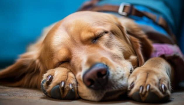 Cute purebred puppy sleeping outdoors, nose resting on blue flooring generated by AI