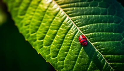 Vibrant ladybug spotted on fresh green leaf in summer meadow generated by AI