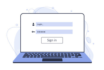 Login and password on laptop. Start web page template on laptop. New illustration with modern laptop