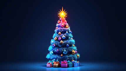 Christmas tree with decoration in the navy blue background. Generative ai