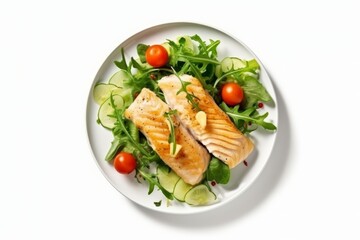 Fototapeta na wymiar fish fillet with salad. Healthy food, keto diet, diet lunch concept. Top view on white background generative AI