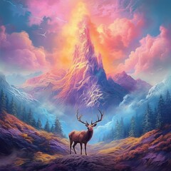 an image of a mountain with the clouds behind it and a deer in the distance Generative Ai