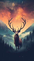 Deer is looking at an empty space, while a mountain rises up in the background Generative Ai