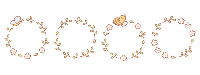 Cute circle borders in doodle cartoon style. Round frames with leaves, flowers, butterfly and bee isolated on white background. Vector illustration