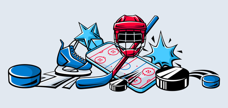 Background with hockey items. Sport club illustration. Healthy lifestyle image.