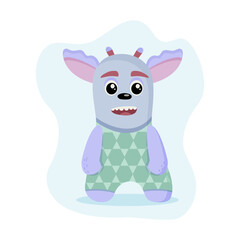 Cheerful fairy tale character with horns, a boy in a green overalls