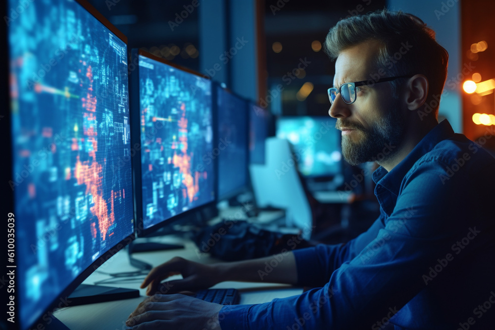 Poster it specialist analyzing data on multiple screens, it specialists, bokeh generative ai