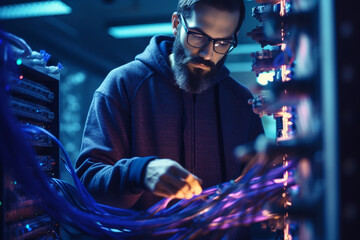 IT specialist troubleshooting network equipment in a server room, IT specialists, bokeh Generative AI