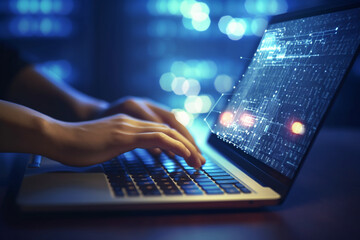 IT specialist programming code on a laptop, IT specialists, bokeh Generative AI