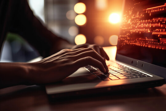 IT specialist programming code on a laptop, IT specialists, bokeh Generative AI
