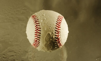 Wet baseball ball with water droplets for rain game concept in sport.