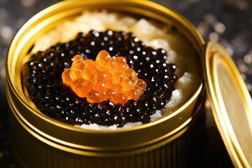stock photo of caviar on the can flat lay Food Photography AI Generated
