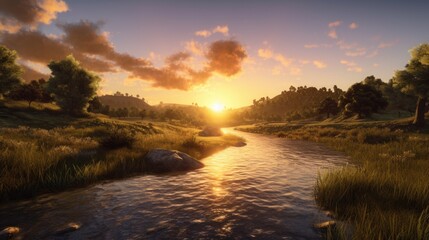 Fototapeta na wymiar a river on the horizon with a sunrise behind it Generative Ai