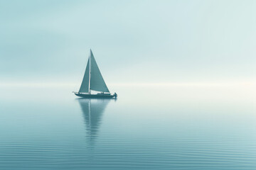 Fototapeta premium Minimalist photography of a sailboat, Japanese minimalism, light colors. A sailing boat at sunset sails on the blue sea against a blue sky. Generative AI professional photo imitation.