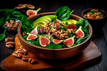 A bowl of figs walnuts and spinach on a cutting board. Generative AI