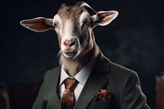 Portrait of a Goat dressed in a formal business suit, generative AI