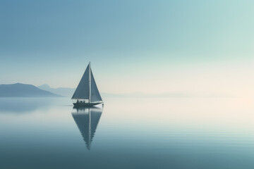 Fototapeta na wymiar Minimalist photography of a sailboat, Japanese minimalism. A sailing boat at sunset sails on the clear blue sea against a blue sky. Generative AI professional photo imitation.