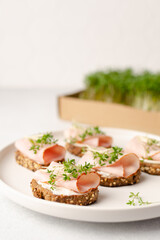 Healthy snacks or starter, appetizer with organic microgreens growing at home for healthy eating or for restaurant. Close up, copy space