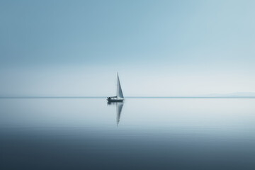 Fototapeta na wymiar Minimalist photography of a sailboat in a distance, Japanese minimalism. A sailing boat at sunset sails on the blue sea against a blue sky. Generative AI professional photo imitation.