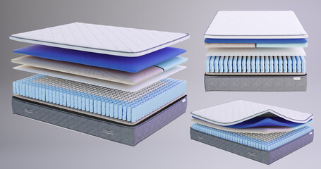 3d illustration from the front to the side of a prefabricated orthopedic mattress structure with a spring block consisting of layers of elastic foam, independent springs, gel cooling layer