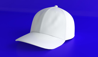 Images of white baseball cap isolated on blue background. 3d rendering.