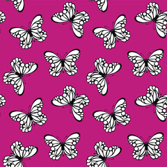 Seamless pattern with funny colorful Butterflies, flowers. Color flat vector illustration for invitation, poster, card, textile, fabric. Butterfly graphic design print. Trendy animal motif wallpaper